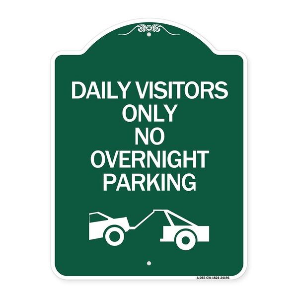Day Visitors No Overnight Parking W/ Graphic, Green & White Aluminum Sign, 18" x 24", GW-1824-24196